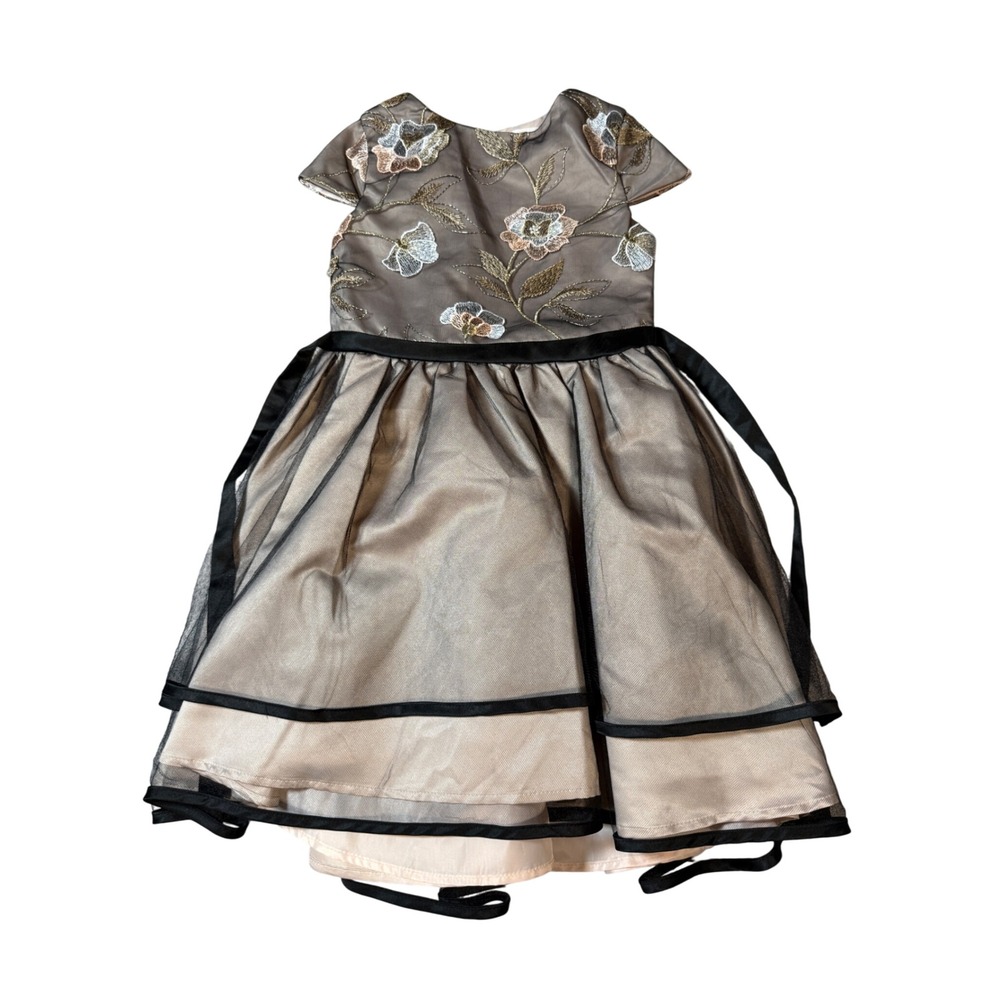 NWOT Little Angels Formal Dress Girl‎ Kid Size 6 Black Tan Floral Short Sleeve